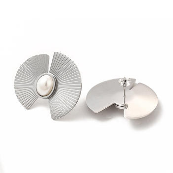 Fan 304 Stainless Steel Stud Earrings, Plastic Imitation Pearl Earrings for Women, Stainless Steel Color, 30.5x33mm, Pin: 0.8mm