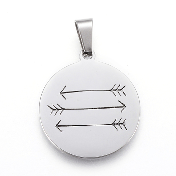 304 Stainless Steel Pendants, Flat Round with Arrow, Stainless Steel Color, 25x22x1.2mm, Hole: 4x7.5mm