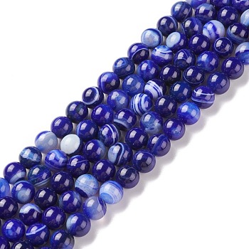 Natural Striped Agate/Banded Agate Beads Strands, Dyed & Heated, Round, Medium Blue, 10mm, Hole: 1.2mm, about 37pcs/strand, 14.65 inch(37.2cm)