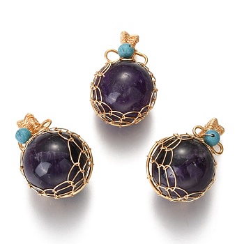 Natural Amethyst & Turquoise Pendants, with Golden Brass Findings, Round, 26.5~28x17~17.5x16.5mm, Hole: 3~5X2.5~3.5mm