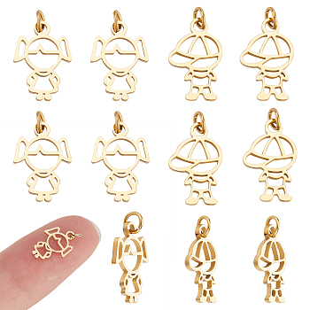 DICOSMETIC 12Pcs 2 Style 304 Stainless Steel Charms, with Jump Rings, Laser Cut, Hollow, Girl & Boy, Golden, 10.5x7.5x1mm and 11x7x1mm, Hole: 2.2mm, 6pcs/style