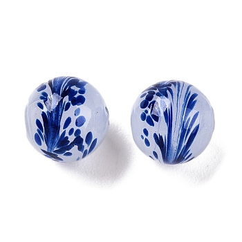 Handmade Lampwork Beads, Round with Flower, Dark Blue, 7.5~8x8mm, Hole: 1.6mm