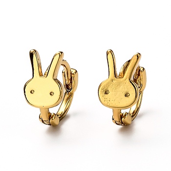 Brass Huggie Hoop Earrings, Ring with Rabbit, Real 18K Gold Plated, 9.5x2.5mm, Pin: 1mm