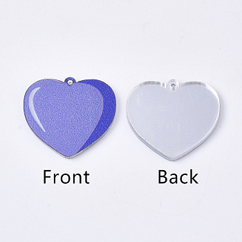 Acrylic Pendants, PVC Printed on the Front, Film and Mirror Effect on the Back, Heart, Slate Blue, 20x22x2mm, Hole: 1mm