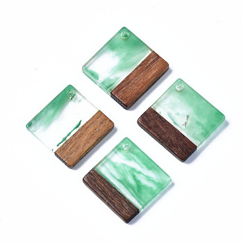Transparent Resin & Walnut Wood Pendants, Two Tone, Rhombus, Lime Green, 24x24x3mm, Hole: 2mm, Side Length: 17.5mm