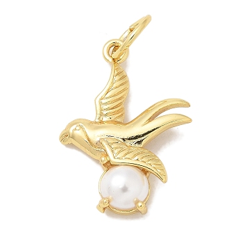 Rack Plating Brass Pendants, with ABS Imitation Pearl, Long-Lasting Plated, Lead Free & Cadmium Free, Real 18K Gold Plated, Bird, 26.5x19.5x5.5mm, Hole: 6mm