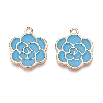 Alloy Enamel Pendants, Light Gold, Lead Free & Cadmium Free, Flower Charm, Deep Sky Blue, 21x17.5x1.5mm, Hole: 1.8mm