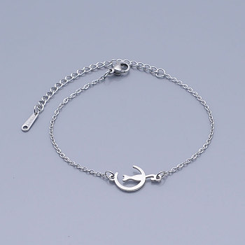 201 Stainless Steel Kitten Link Bracelets, with Lobster Claw Clasps, Crescent Moon with Cat, Stainless Steel Color, 6-3/4 inch~6-7/8 inch(17~17.5cm)