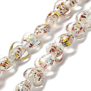 Handmade Lampwork Beads Strands, Heart, Clear, 15.5~16.5x15.5~16x8~9.5mm, Hole: 1.2mm, about 28pcs/strand, 15.35 inch(39cm)