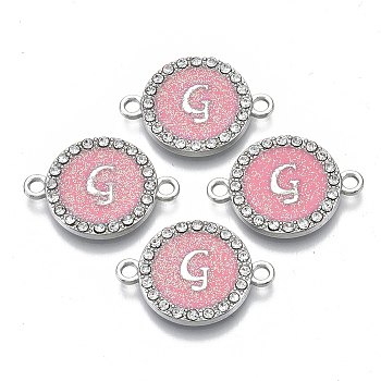 Alloy Enamel Links Connectors, with Crystal Rhinestones, Flat Round with Letter, Silver Color Plated, Letter.G, 22x16x2mm, Hole: 1.8mm