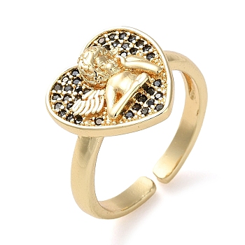 Rack Plating Brass Micro Pave Cubic Zirconia Open Cuff Rings, Real 18K Gold Plated, Angel & Fairy, Adjustable