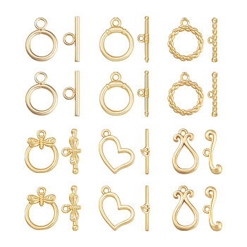 Jewelry 24 Sets 6 Style Brass Toggle Clasps, Long-Lasting Plated, Heart & Ring & Teardrop, Real 18K Gold Plated, 4sets/style