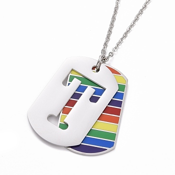 Pride Style 201 Stainless Steel Pendant Necklaces, with Enamel and Iron Chains, Oval with Hollow Letter, Colorful, Stainless Steel Color, Letter.T, 23.62~23.7(60~60.2cm)