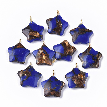 Assembled Synthetic Imperial Jasper and Bronzite Pendants, with Golden Tone Iron Loop, Dyed, Star, Blue, 23~24x21x5mm, Hole: 2mm