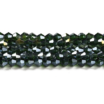 Transparent Electroplate Glass Beads Strands, AB Color Plated, Faceted, Bicone, Dark Green, 4x4mm, Hole: 0.8mm, about 82~85pcs/strand, 30.5~31cm
