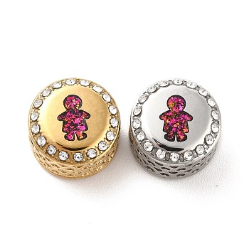 304 Stainless Steel European Beads, with Enamel & Rhinestone, Large Hole Beads, Golden & Stainless Steel Color, Flat Round with Human, Fuchsia, 12x8mm, Hole: 4mm
