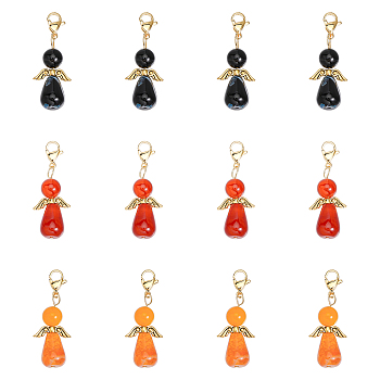 12Pcs 3 Styles Natural Agate Alloy Pendant Decorations, Dyed Natural Carnelian & Crackle Agate & Striped Agate & Fire Crackle Agate, with Swivel Lobster Claw Clasps, Angel with Wing, Golden, 40mm, Pendant: 29.5x15.5x10mm, 4pcs/style