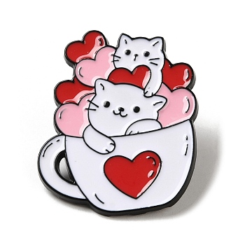 Valentine's Day Theme Black Zinc Alloy Brooches, Cat & Heart Enamel Pins for Women, Cup, 30x25x1mm