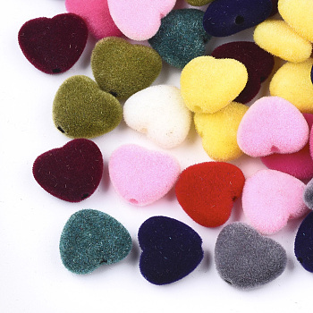 Flocky Acrylic Beads, Heart, Mixed Color, 10.5~11x12x5mm, Hole: 1.8mm
