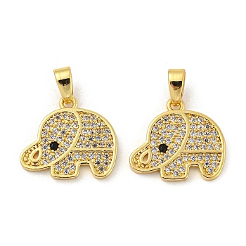 Real 18K Gold Plated Rack Plating Brass Micro Pave Cubic Zirconia Pendants, Long-Lasting Plated, Lead Free & Cadmium Free, Elephant, Clear, 13.5x15x1.5mm, Hole: 5x2.5mm