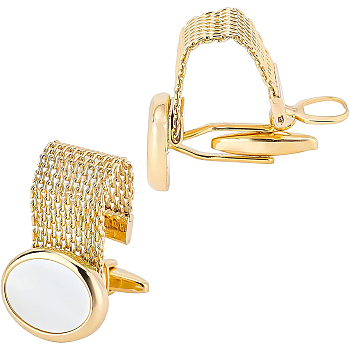 Brass Chain Cuffs Cufflinks, with White Shell, Cuff Buttons, Oval, Golden, 73x16x1mm