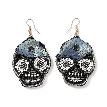 Halloween Skull Glass Seed Braided Big Dangle Earrings, 316 Stainless Steel Wraped Jewelry for Women, Black, 70mm, Pin: 0.6mm