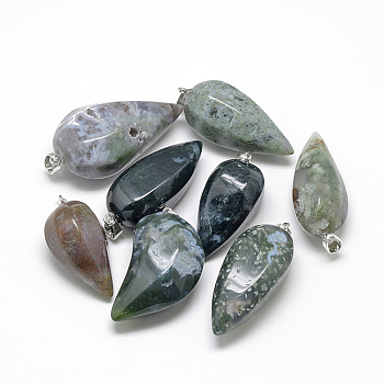 Natural Moss Agate Pendants, with Iron Clasps, Cone Pendulum, 38~70x14~32x12~24mm, Hole: 4mm
