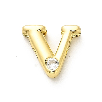 Rack Plating Brass Cubic Zirconia Beads, Long-Lasting Plated, Lead Free & Cadmium Free, Alphabet, Letter V, 12.5x14x5mm, Hole: 2.7mm