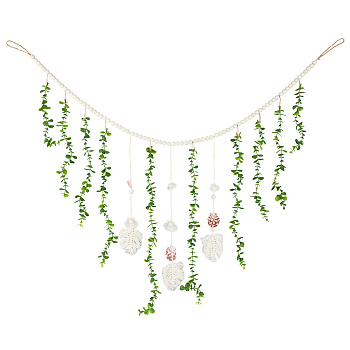 Cotton & Wooden Beads Pendant Decorations, with Shell, for Home Wall Hanging Decorations, Green, 1410x540mm