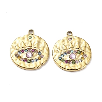 Ion Plating(IP) 304 Stainless Steel Pendants, with Colorful Rhinestone, Flat Round with Eye Charm, Real 18K Gold Plated, 17.5x15x2.5mm, Hole: 1.4mm