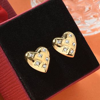 Ion Plating(IP) 304 Stainless Steel Stud Earrings, with Rhinestone, Real 14K Gold Plated, Heart, Clear, 14.5x15mm