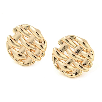 Rack Plating Brass Stud Earrings Findings, with Loops, Hollow Flat Round, Real 18K Gold Plated, 14mm, Hole: 1.2mm, Pin: 11x0.7mm