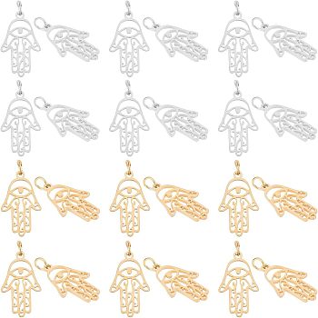 201 Stainless Steel Pendants, Hamsa Hand/Hand of Miriam with Eye, Golden & Stainless Steel Color, 21.5x13x1mm, Hole: 3mm, 2 colors, 6pcs/color, 12pcs/box