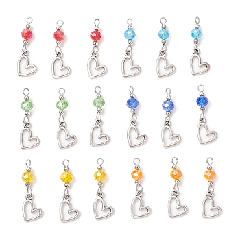 18Pcs 6 Colors Alloy & Glass Pendants, Heart Charms, with 304 Stainless Steel Findings, Mixed Color, 29.5x12.5x6mm, Hole: 2.5mm, 3pcs/color