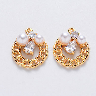 Real Gold Plated White Flat Round Brass+Cubic Zirconia Pendants