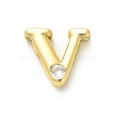 Real 18K Gold Plated Clear Letter V Brass+Cubic Zirconia Beads