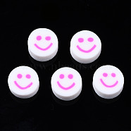 Handmade Polymer Clay Beads, for DIY Jewelry Crafts Supplies, Flat Round with Smiling Face, Hot Pink, 10x4~4.5mm, Hole: 1.8mm(CLAY-N008-040F)