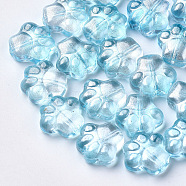 Transparent Spray Painted Glass Beads, with Glitter Powder, Dog Paw Prints, Light Sky Blue, 11x12x4.5mm, Hole: 1mm(GGLA-S054-008B-05)