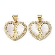 Brass Micro Pave Cubic Zirconia Pendants, with Shell, Heart, Real 18K Gold Plated, 18x19x2mm, Hole: 4.5x3.5mm(KK-D057-12G)