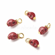 Dyed Synthetic Turquoise Charms, with Golden Tone Alloy & Iron Findings, Skull, Red, 14.5x6.5x6mm, Hole: 2.7x2.2mm(PALLOY-JF01452-04)