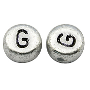 Silver Color Plated Acrylic Horizontal Hole Letter Beads, Flat Round, Letter.G, 7x3.5mm, Hole: 1mm, about 3600pcs/500g(MACR-PB43C9070-G)