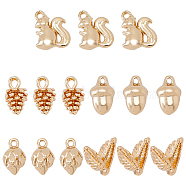 15Pcs 5 Style Brass Charms, Golden, Leaf/Squirrel/Conifer Cone CHarms, Golden, 9~15x5.5~12.5x5~7mm, Hole: 1~2mm, about 3pcs/style(KK-FH0006-46)