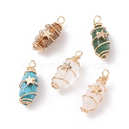 Natural & Synthetic Gemstone Double Terminal Pointed Pendants, with Real 18K Gold Plated Tone Copper Wire Wrapped and Brass Beads, Bullet Charm, Mixed Dyed and Undyed, 25~27x10~11x12mm, Hole: 2.5~3mm(PALLOY-JF01712)