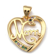 Brass Micro Pave Colorful Cubic Zirconia Pendants, Long-Lasting Plated, for Mother's Day, Heart with Word Mom, Real 18K Gold Plated, 18x18x3mm, Hole: 3.5x4mm(X-ZIRC-A013-34G)