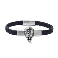 Men's Braided Black PU Leather Cord Bracelets, Wolf Head 304 Stainless Steel Link Bracelets with Magnetic Clasps, Antique Silver, 8-5/8x1 inch(21.9x2.6cm)(BJEW-K243-58AS)