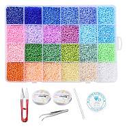 DIY Stretch Jewelry Making Kits, Including Glass Seed Beads, Metal Findings, Stainless Steel Scissors, Elastic Crystal Thread, Steel Beading Needles, Mixed Color, 2mm, Hole: 1mm, about 800pcs/12g,  24 colors, 12g/color, 288g(DIY-YW0002-19A)