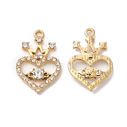 Rack Plating Alloy Crystal Rhinestone Pendants, Heart with Crown Charms, Golden, 27x17x4mm, Hole: 2mm(RB-L036-VF909-2)