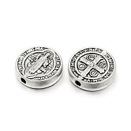 Tibetan Style Alloy Flat Round Beads, with Jesus and Latin Cross, For Easter, Lead Free & Cadmium Free, Antique Silver, 10x2.5mm, Hole: 1mm(X-TIBEB-E072-02AS-RS)
