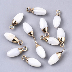Natural Freshwater Shell Charms, with Light Gold Plated Brass Loop and Half Drilled Hole, Teardrop, Creamy White, 14~15x5mm, Hole: 1.8mm, Half Hole: 0.9mm(X-SHEL-N026-46)