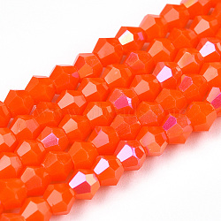 Opaque Solid Color Electroplate Glass Beads Strands, AB Color Plated, Faceted, Bicone, Orange Red, 2.9~3.3x2.5mm, Hole: 0.7mm, about 145~150pcs/strand, 16.34~16.54 inch(41.5~42cm)(EGLA-A039-P2mm-L03)